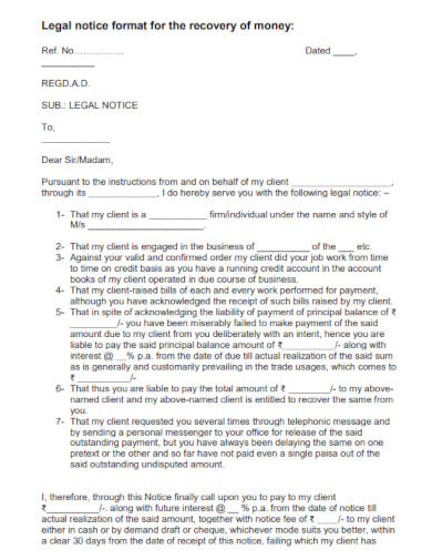 legal notice letter for recovery of money template