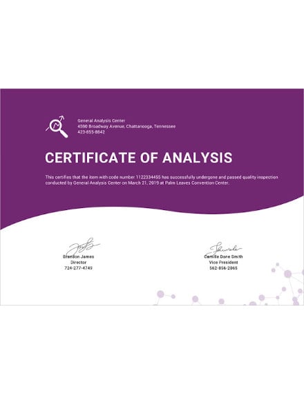 simple certificate of analysis template