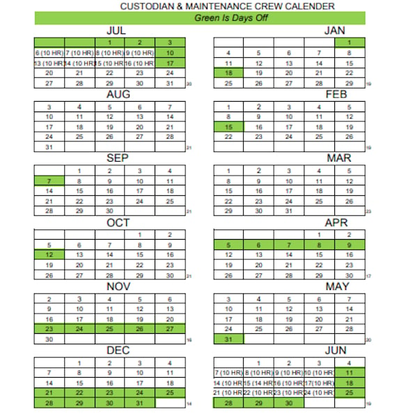 custodian and maintenance crew calendar schedules