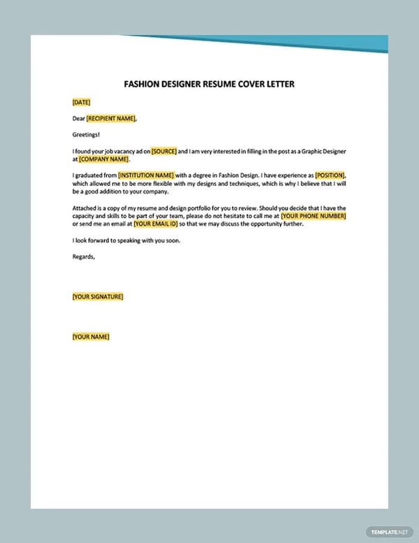 fashion designer resume cover letter template