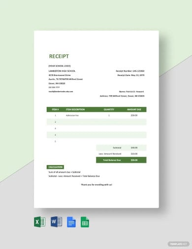 free school admission receipt template