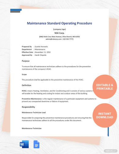maintenance standard operating procedure template