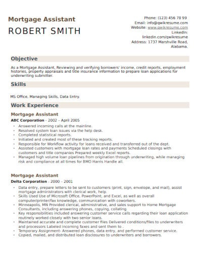 mortgage assistant data entry resume