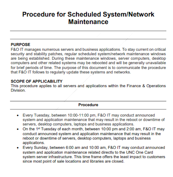 procedure for scheduled system network maintenance