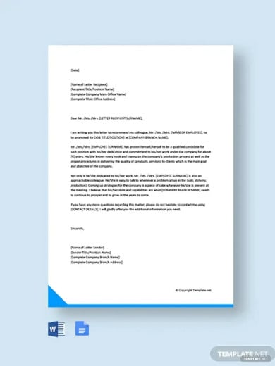 recommendation letter for colleague promotion template