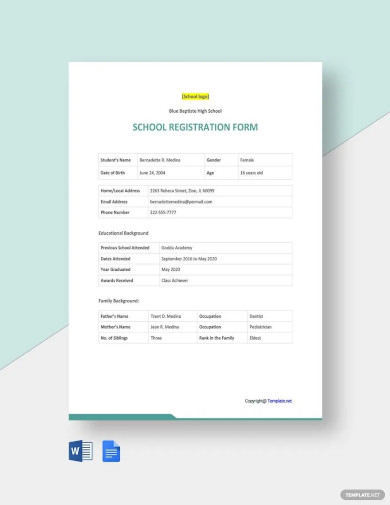 sample school registration form template