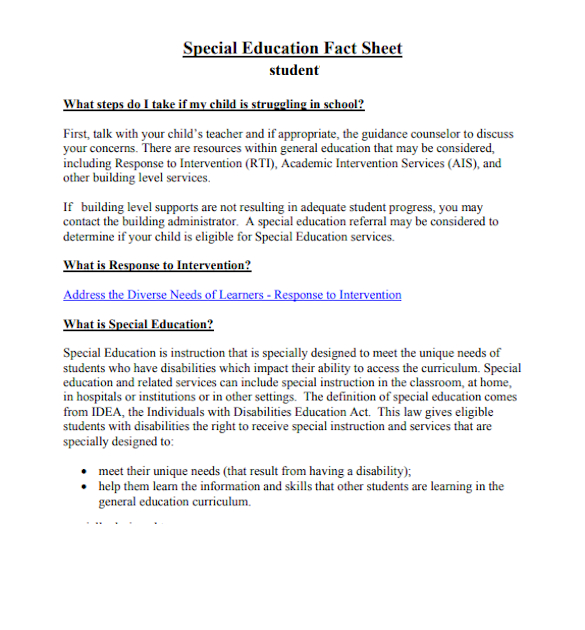special education student fact sheet