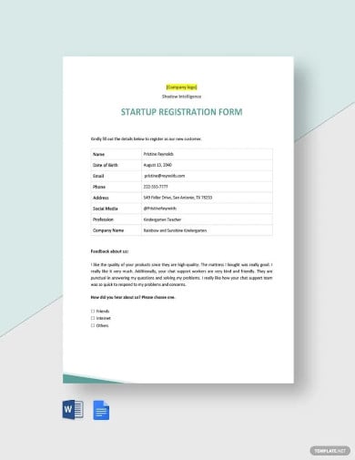 startup registration form template