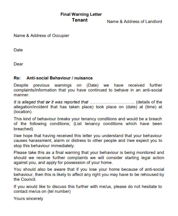 tenant final warning unauthorized letters