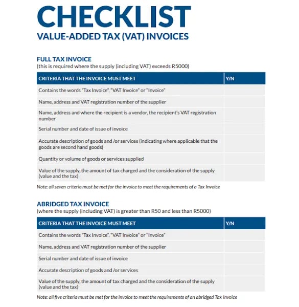 vat tax invoice checklists