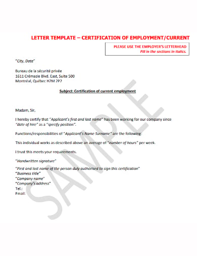 current employment certification letter