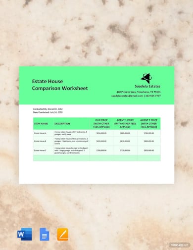 estate house comparison worksheet paper