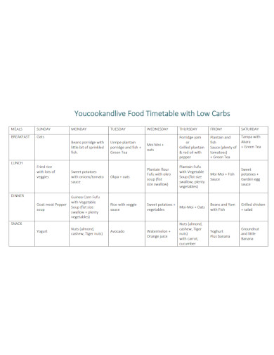 food timetable with low carbs