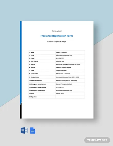 company freelance registration form template