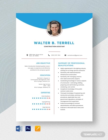 construction assistant resume template