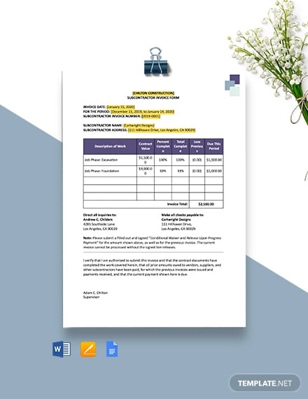 construction subcontractor invoice template