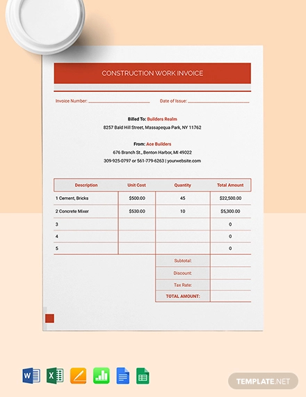 14+ FREE Construction Invoice Templates - Google Docs, Google Sheets ...