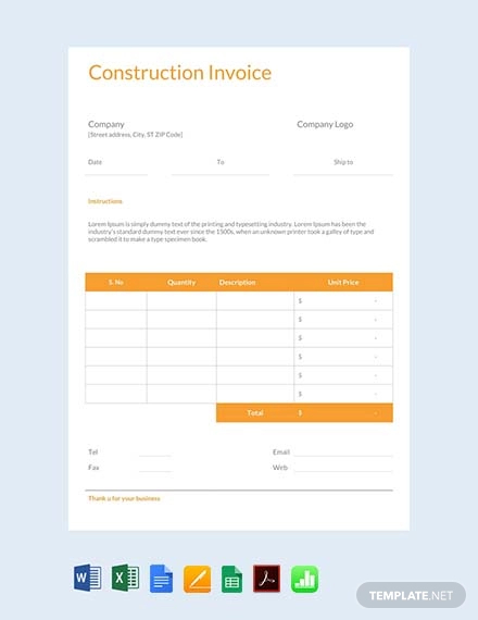 Construction Invoice Template - 18+ Free Word, Excel, PDF Format Download
