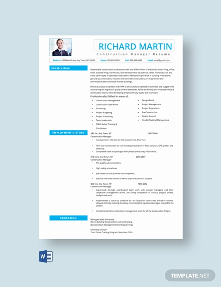 free construction manager resume template