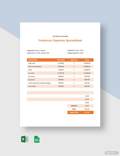 freelancer expenses spreadsheet template