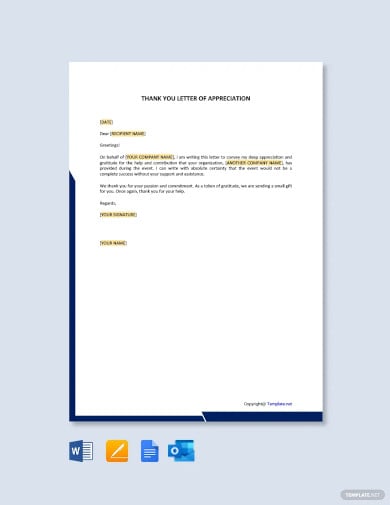 professional thank you letter of appreciation template