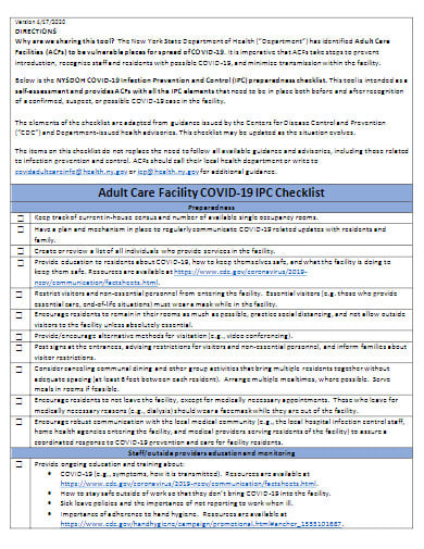 adult care facility covid 19 checklist template
