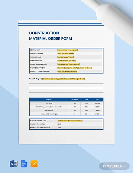 construction material order form template