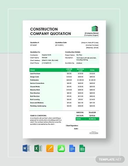 free construction company quotation template