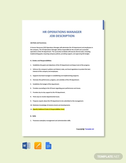 free hr operations manager job description template