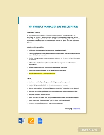 free hr project manager job description template