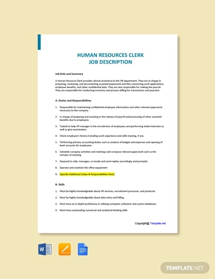 free human resources clerk job description template