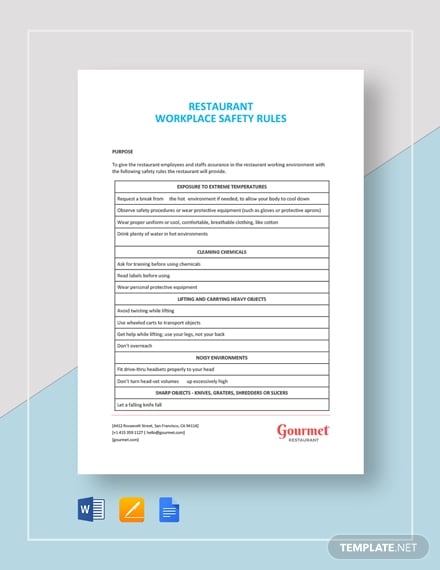 restaurant workplace safety rules template