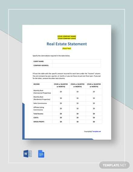 free blank real estate statement template