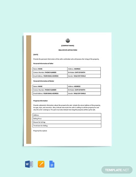 free real estate listing form template1
