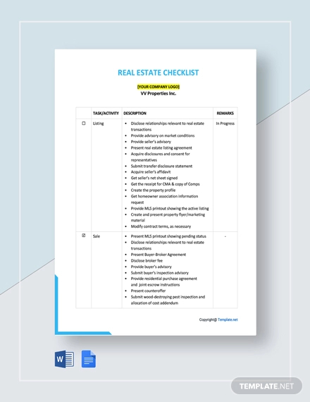 free sample real estate checklist template