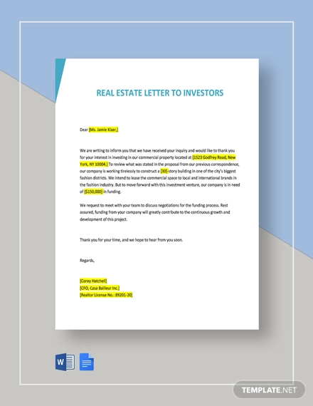 real estate letter template to investors