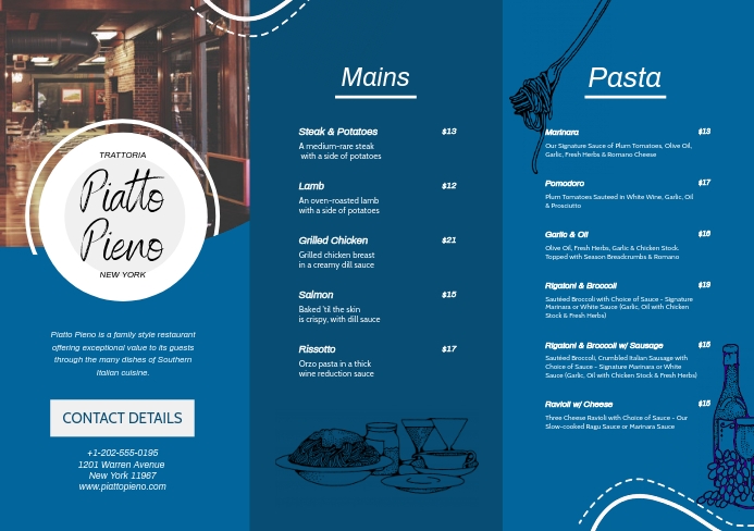 blue fine dining eatery leaflet design template d75462218cf2a2508ff7a8f08808d95f