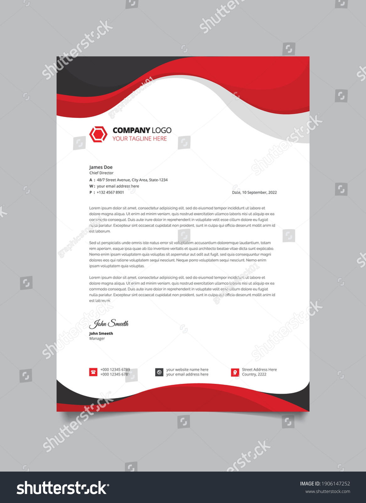 stock vector simple letterhead design template with black and red wavy shape corporate business letterhead 190