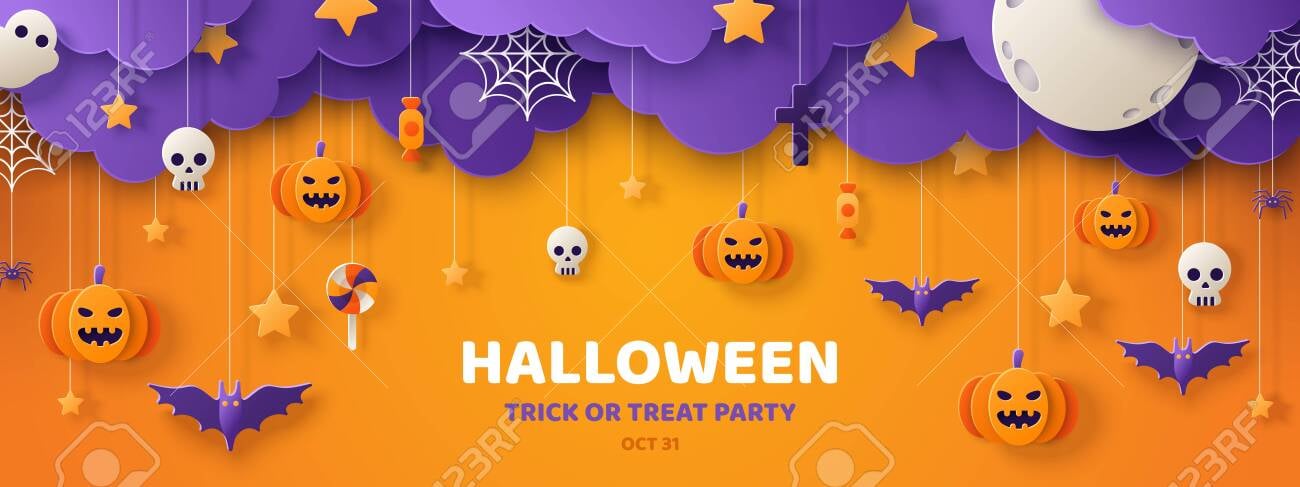 05008 happy halloween banner or party invitation background with clouds bats and pumpkins in paper cut sty