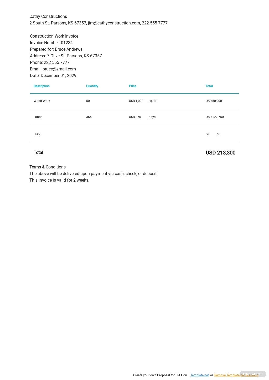 construction work invoice template