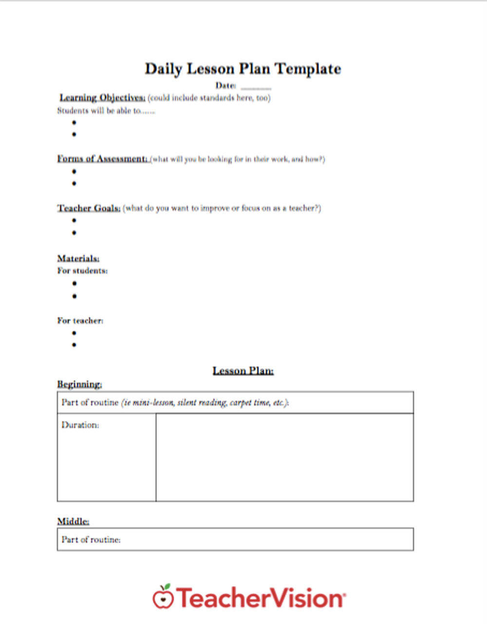 daily lesson planning template