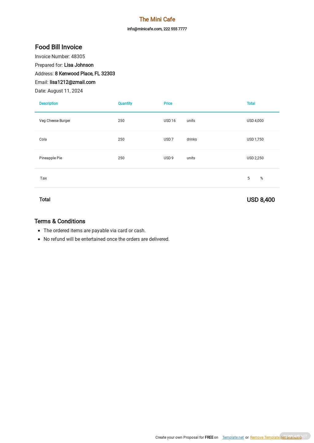 food bill invoice template