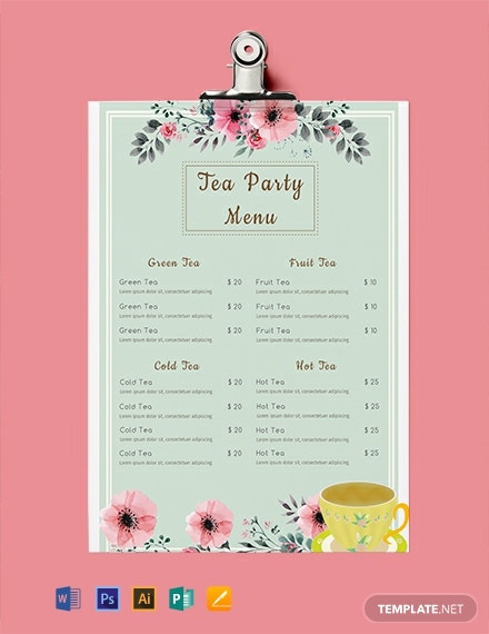 free tea party menu template 440x570