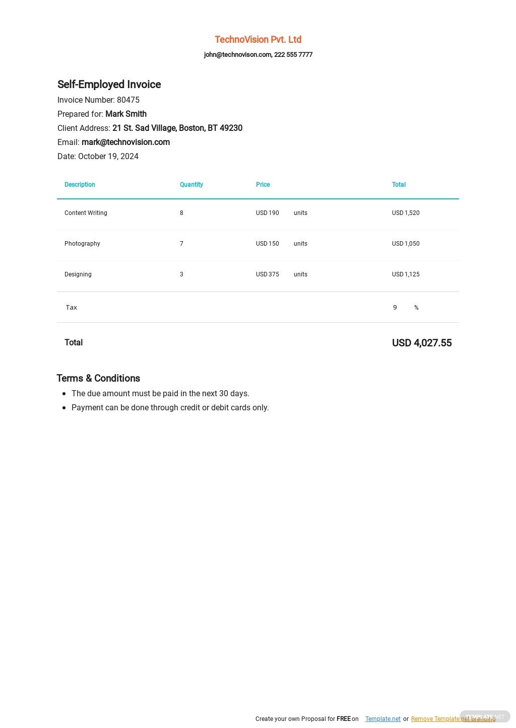 self employed invoice template