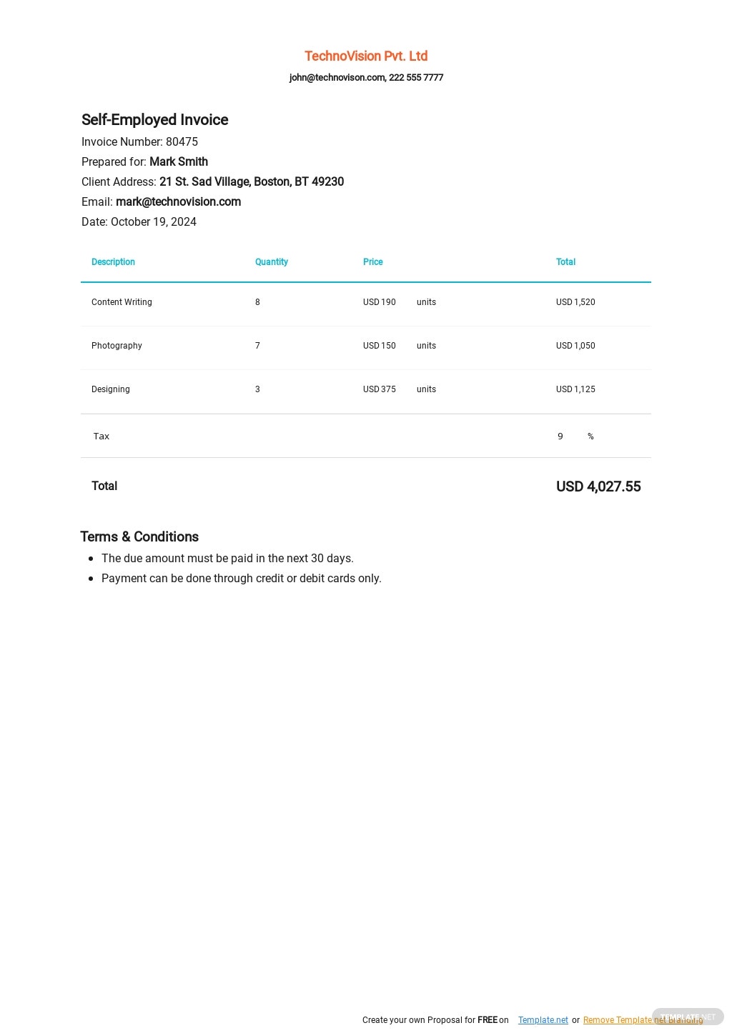 self employed printable invoice template uk