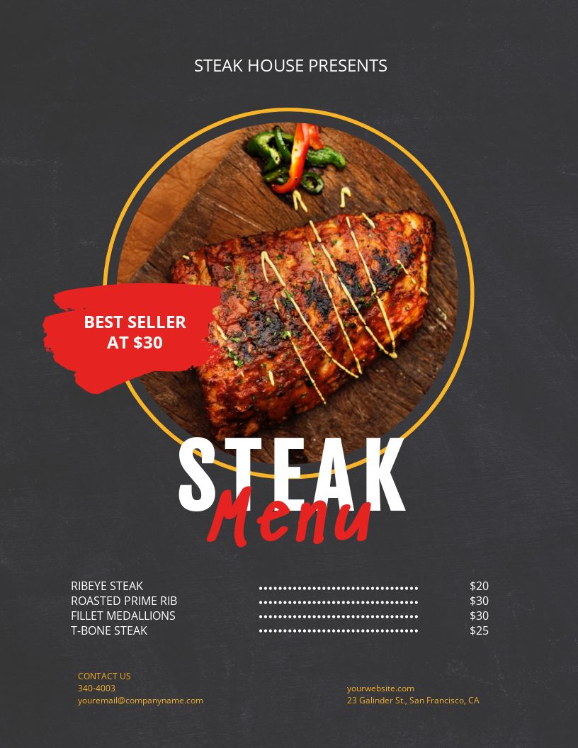 steak menu flyer template