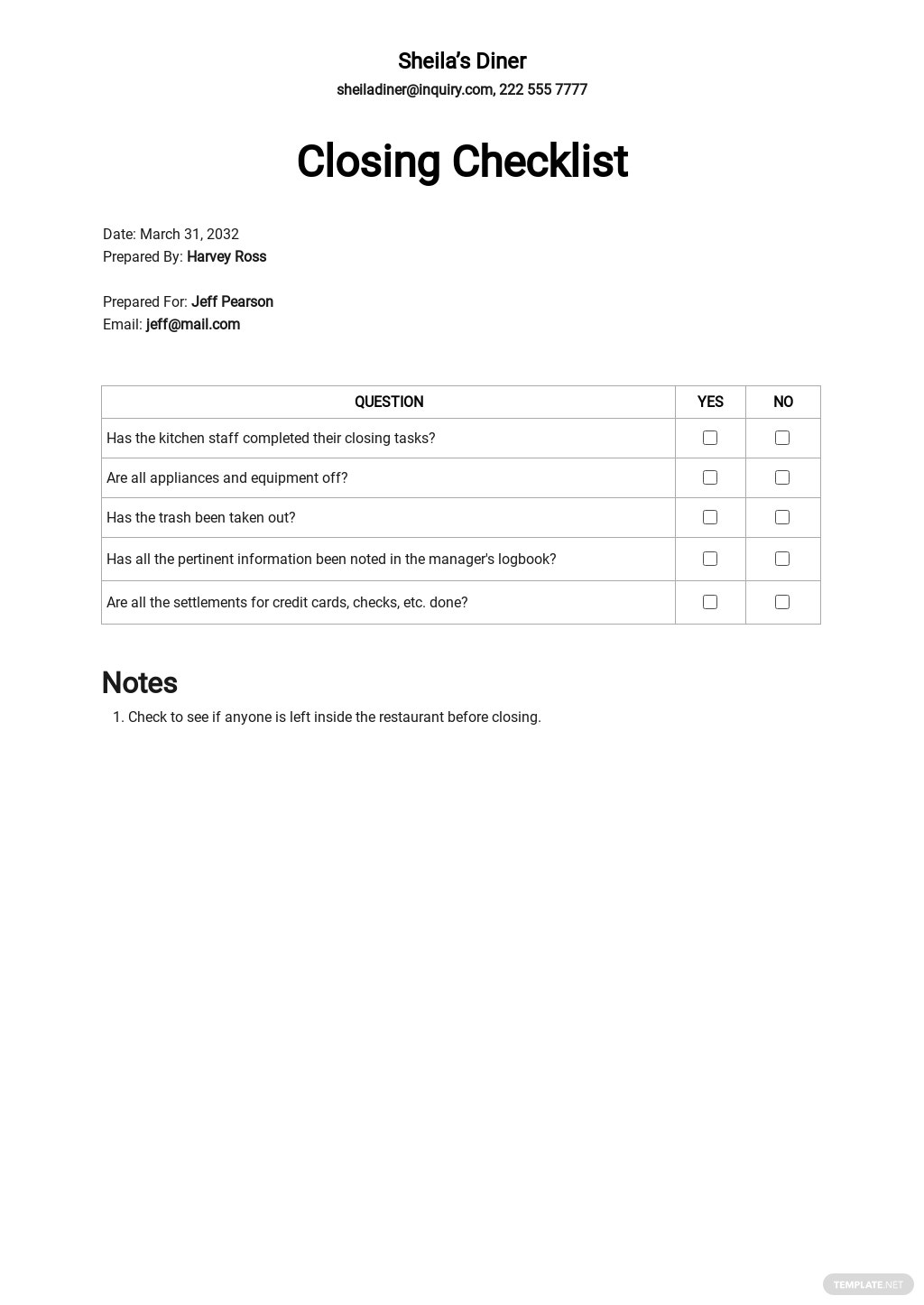 Opening And Closing Checklist Template