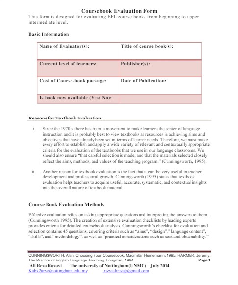 coursebook evaluation checklist template