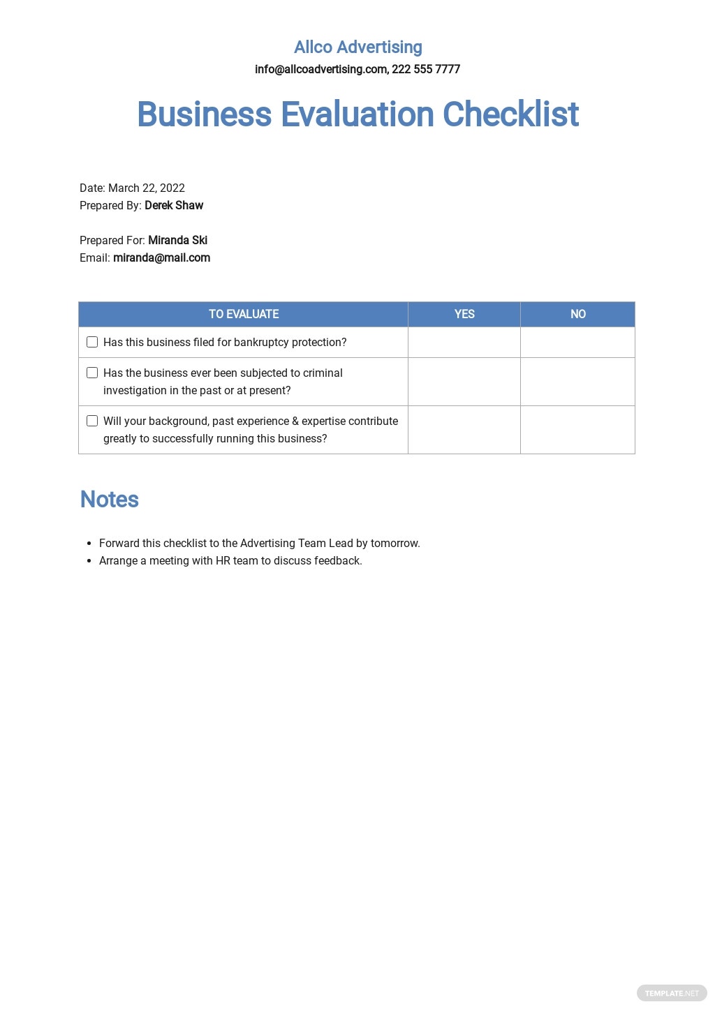 evaluation checklist template