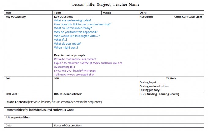 observed lesson plan example